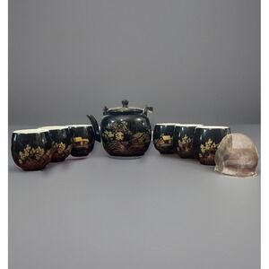 Vintage Dujust Japanese Tea Pot & 6 Cups Black & Gold House & Tree Design